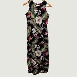 Vintage Iolani Maxi Dress P Black Floral Tropical Hibiscus Hawaiian Tiki Island